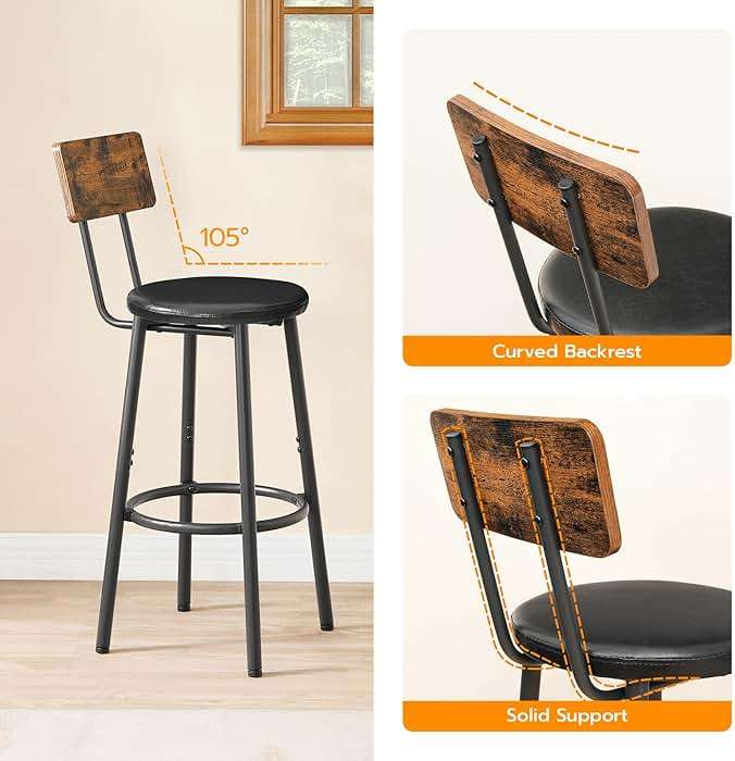 HOOBRO Bar Stools, Bar Stools Set of 2 with PU Upholstered, Bar Chairs with Footrest and Back, 26" Bar Stools for Kitchen Island, Dining Room, Easy to Assemble, Rustic Brown and Black BF31BY01G2 - Image 5
