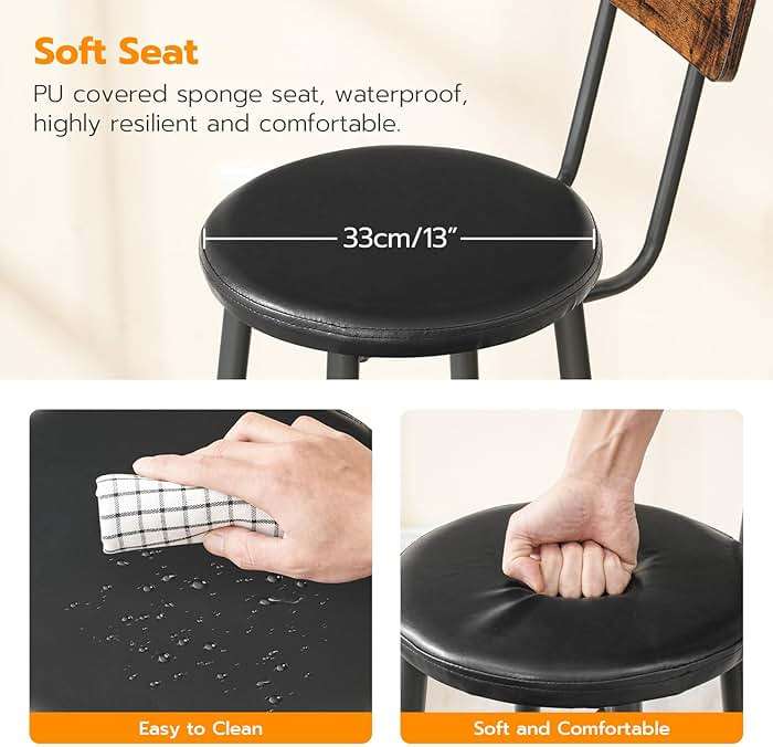 HOOBRO Bar Stools, Bar Stools Set of 2 with PU Upholstered, Bar Chairs with Footrest and Back, 26" Bar Stools for Kitchen Island, Dining Room, Easy to Assemble, Rustic Brown and Black BF31BY01G2 - Image 6