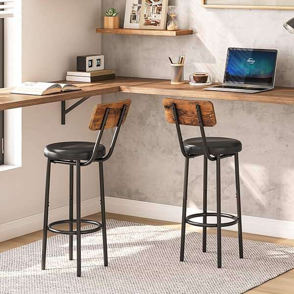 HOOBRO Bar Stools, Bar Stools Set of 2 with PU Upholstered, Bar Chairs with Footrest and Back, 26" Bar Stools for Kitchen Island, Dining Room, Easy to Assemble, Rustic Brown and Black BF31BY01G2 - Image 7