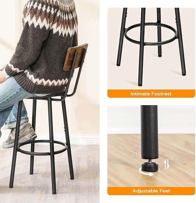 HOOBRO Bar Stools, Bar Stools Set of 2 with PU Upholstered, Bar Chairs with Footrest and Back, 26" Bar Stools for Kitchen Island, Dining Room, Easy to Assemble, Rustic Brown and Black BF31BY01G2 - Image 8