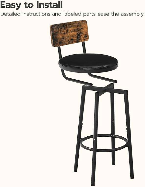 HOOBRO Bar Stools, Bar Stools Set of 2 with PU Upholstered, Bar Chairs with Footrest and Back, 26" Bar Stools for Kitchen Island, Dining Room, Easy to Assemble, Rustic Brown and Black BF31BY01G2 - Image 9