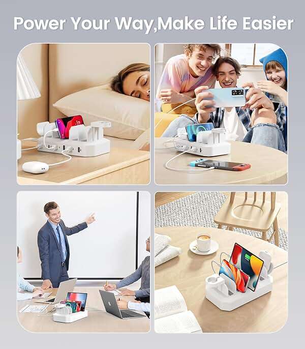 95W Fast Charging Station for Multiple Devices【UL & FCC Tested Safer Charging】 6-Port USB Charging Dock with 2 PD-Port, Compatible with iPhone/Android/MacBook/iPad/Tablet/Kindle(8 Cables Included) - Image 5