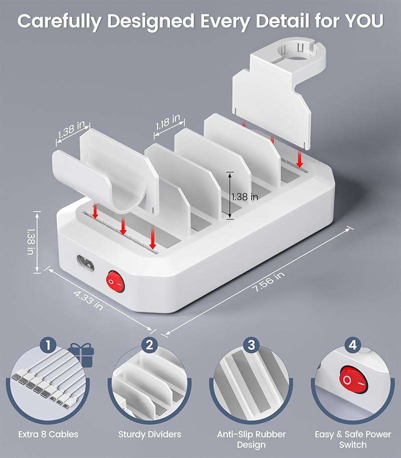 95W Fast Charging Station for Multiple Devices【UL & FCC Tested Safer Charging】 6-Port USB Charging Dock with 2 PD-Port, Compatible with iPhone/Android/MacBook/iPad/Tablet/Kindle(8 Cables Included) - Image 7