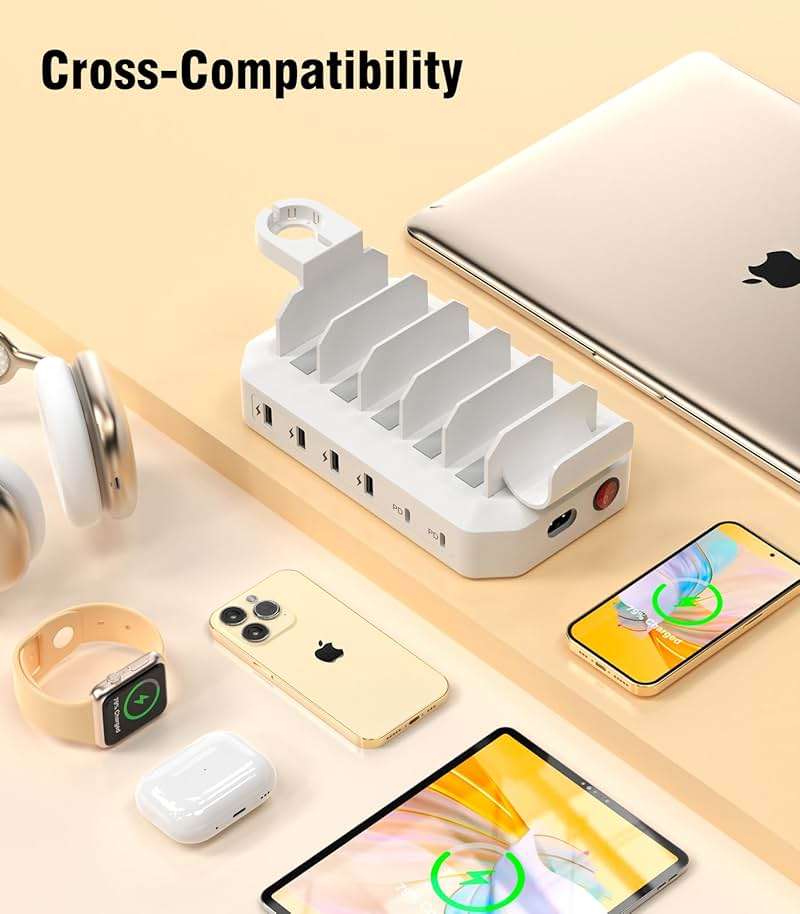95W Fast Charging Station for Multiple Devices【UL & FCC Tested Safer Charging】 6-Port USB Charging Dock with 2 PD-Port, Compatible with iPhone/Android/MacBook/iPad/Tablet/Kindle(8 Cables Included) - Image 8