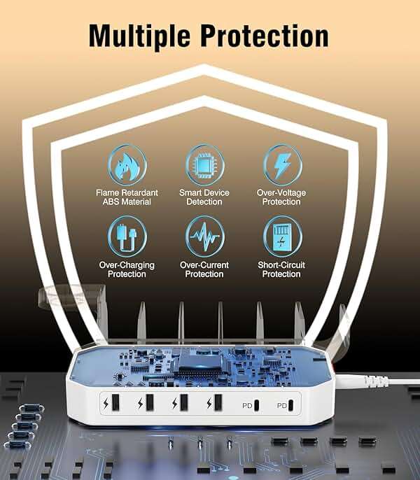 95W Fast Charging Station for Multiple Devices【UL & FCC Tested Safer Charging】 6-Port USB Charging Dock with 2 PD-Port, Compatible with iPhone/Android/MacBook/iPad/Tablet/Kindle(8 Cables Included) - Image 9
