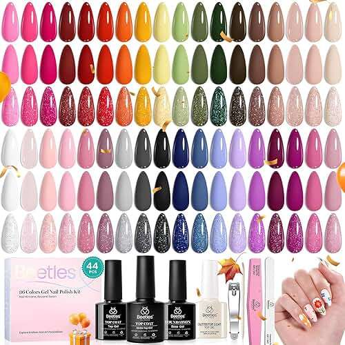 beetles 44pcs Gel Nail Polish Set - 36 Colors Colorful Muse Gel Polish Kit Pink Nude Red Yellow Green Black White Glitter Nail Kit Base Top Coat UV LED Needed Salon DIY Home Gift for Women - Image 8