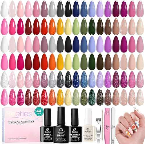 beetles 44pcs Gel Nail Polish Set - 36 Colors Colorful Muse Gel Polish Kit Pink Nude Red Yellow Green Black White Glitter Nail Kit Base Top Coat UV LED Needed Salon DIY Home Gift for Women - Image 9