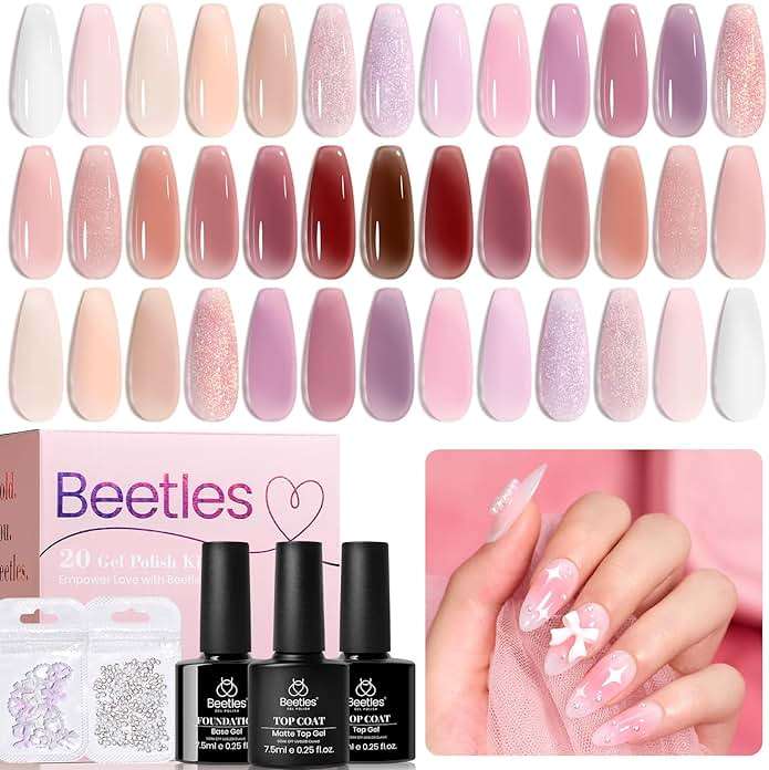 Beetles Jelly Gel Nail Polish Set, 25PCS 20 Colors Sheer Neutral Nude Pink Glitter Milky White Gel Nail Kit Soak Off UV with Base Glossy Matte Top Coat Pearls Rhinestones Nail Charms Gift for Women - Image 1