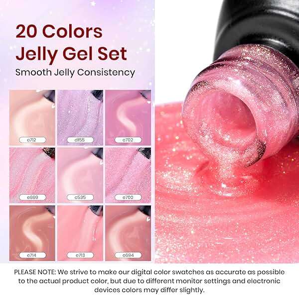 Beetles Jelly Gel Nail Polish Set, 25PCS 20 Colors Sheer Neutral Nude Pink Glitter Milky White Gel Nail Kit Soak Off UV with Base Glossy Matte Top Coat Pearls Rhinestones Nail Charms Gift for Women - Image 5