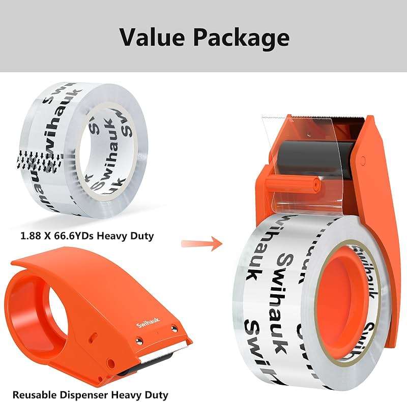 Swihauk 1.88 in x 66.6 YDs Heavy Duty Packing Tape with Dispenser, Strong & Durable Shipping Tape, Packaging Tape, Clear Package Tape for Shipping Moving Storage and Mailing, 1 Roll + 1 Dispenser - Image 2