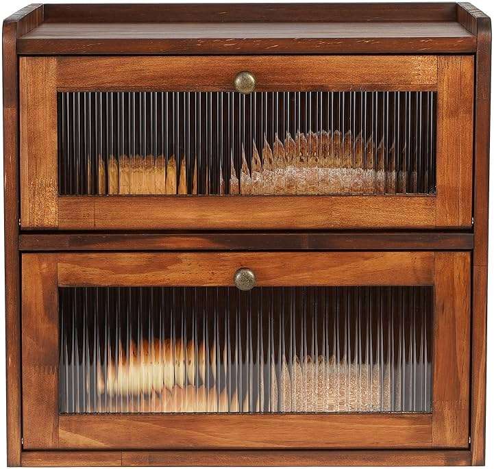 Sunhoo Bread Box for Kitchen Countertop Wooden Bread Storage Container Bin 2 Layer Breadbox Holder Large Capacity Keeper Vintage Farmhouse Food Organizer Pantry Shelf Acrylic Window (Brown) - Image 1