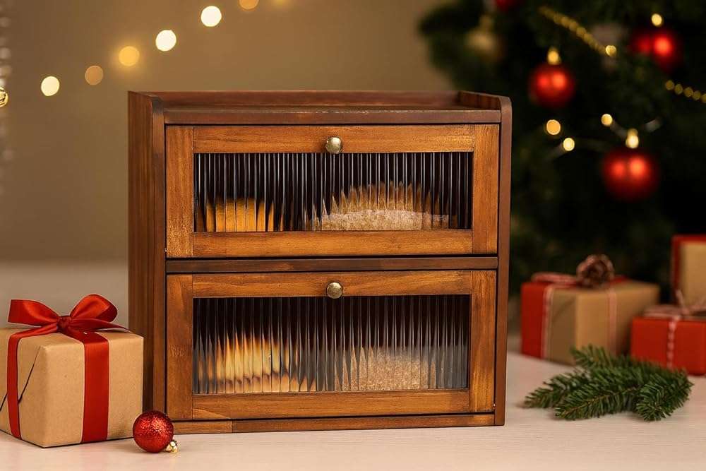 Sunhoo Bread Box for Kitchen Countertop Wooden Bread Storage Container Bin 2 Layer Breadbox Holder Large Capacity Keeper Vintage Farmhouse Food Organizer Pantry Shelf Acrylic Window (Brown) - Image 2