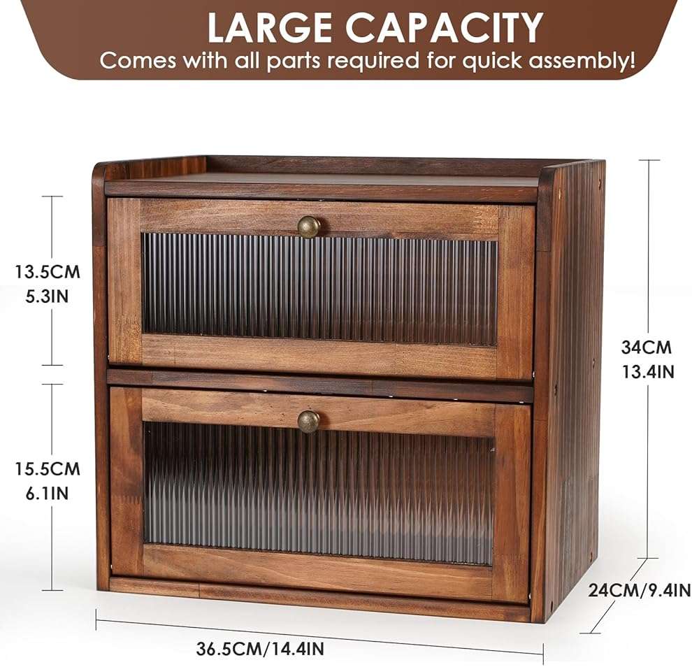 Sunhoo Bread Box for Kitchen Countertop Wooden Bread Storage Container Bin 2 Layer Breadbox Holder Large Capacity Keeper Vintage Farmhouse Food Organizer Pantry Shelf Acrylic Window (Brown) - Image 3