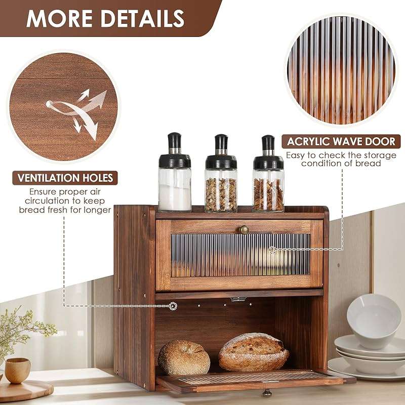 Sunhoo Bread Box for Kitchen Countertop Wooden Bread Storage Container Bin 2 Layer Breadbox Holder Large Capacity Keeper Vintage Farmhouse Food Organizer Pantry Shelf Acrylic Window (Brown) - Image 4