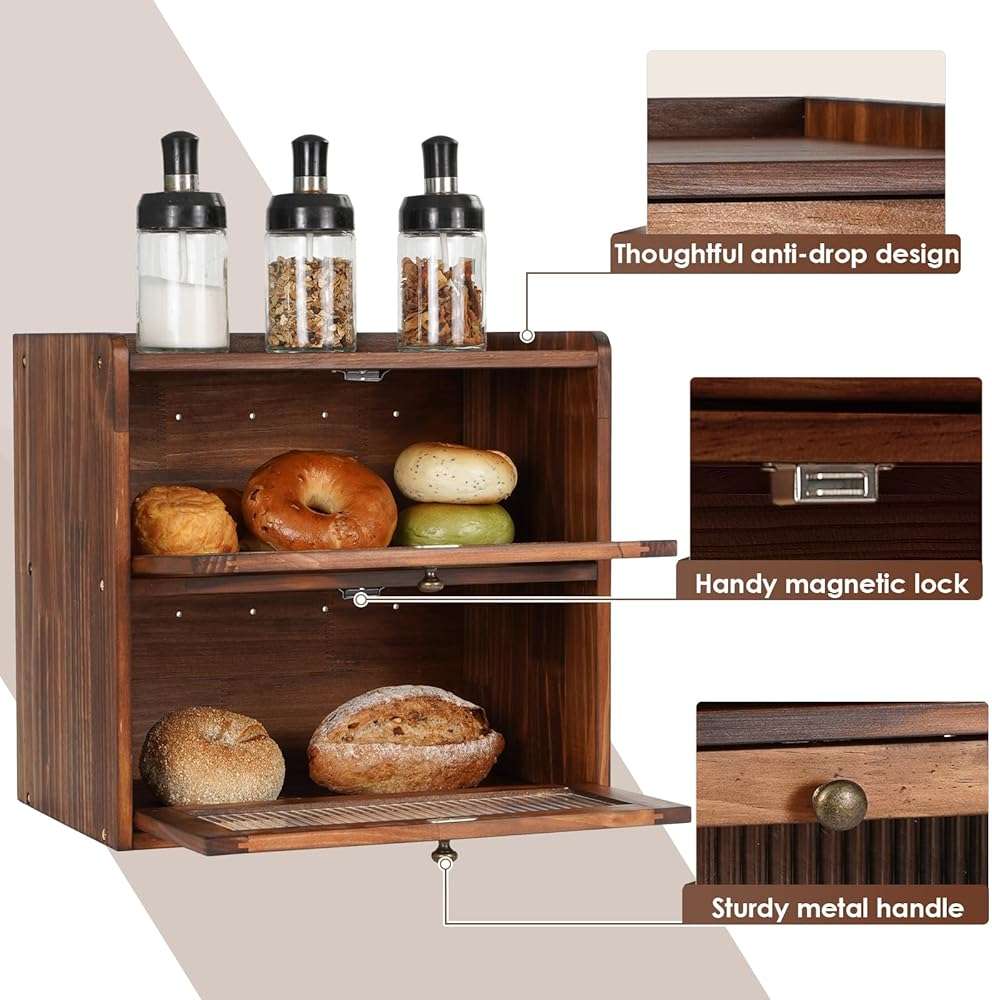 Sunhoo Bread Box for Kitchen Countertop Wooden Bread Storage Container Bin 2 Layer Breadbox Holder Large Capacity Keeper Vintage Farmhouse Food Organizer Pantry Shelf Acrylic Window (Brown) - Image 5