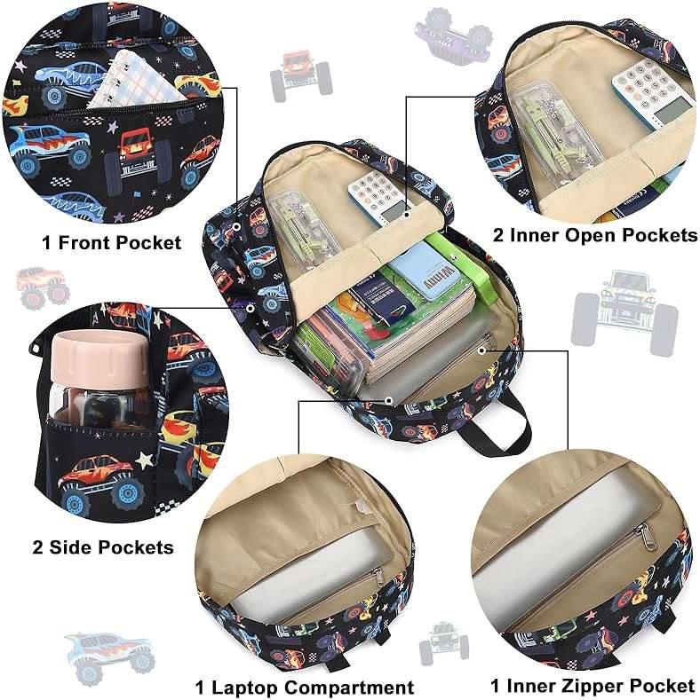CAMTOP Kids Backpack for Boys, Preschool Toddler Backpack Kindergarten School Bookbag for Age 3-8(Monster Truck) - Image 3