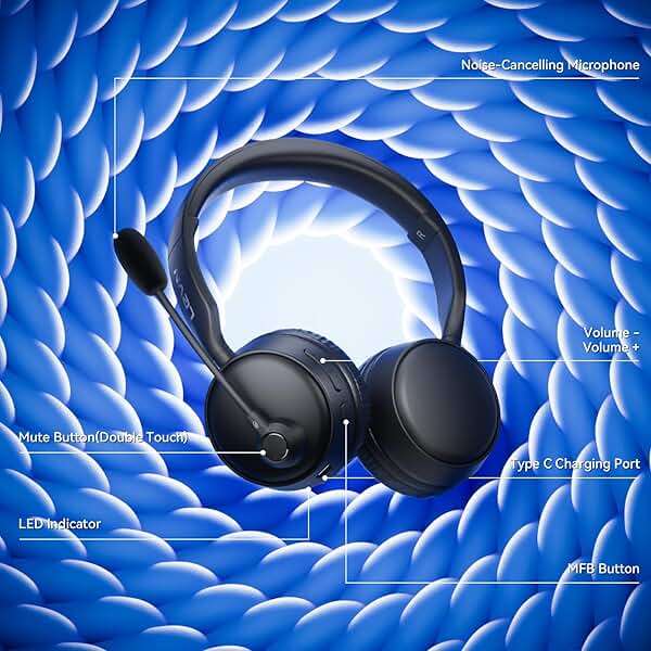 Wireless Headset with Mic for Work, Wireless Headset with Microphone AI Noise Cancelling, Bluetooth 5.3, 60H Battery, Mute Button, Comfortable Over Ear Headphones for PC, Laptop, Call Center, Office - Image 6