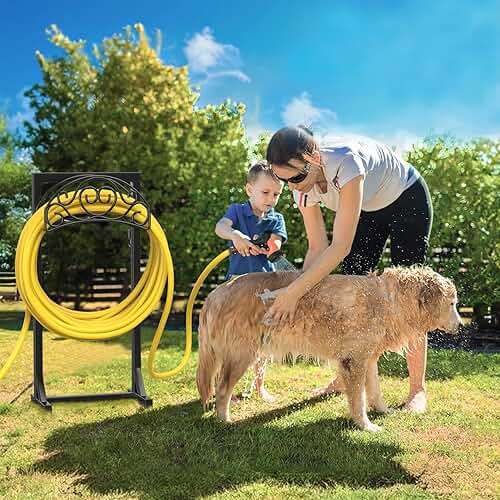 Patiobay Freestanding Garden Hose Stand, Heavy Duty Water Hose Holder with Tool Hooks, 4 Anchoring Spikes, 150 ft Storage for Yard & Lawn - Image 2