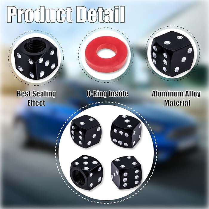 MEAJOO 4PCS Dice Style Tire Valve Stem Caps, with O Rubber Ring, Universal Aluminium Alloy Dustproof Tire Valve Stem Covers for Cars, SUV, Trucks, Bikes, Motorcycles, Bicycles(Black) - Image 3