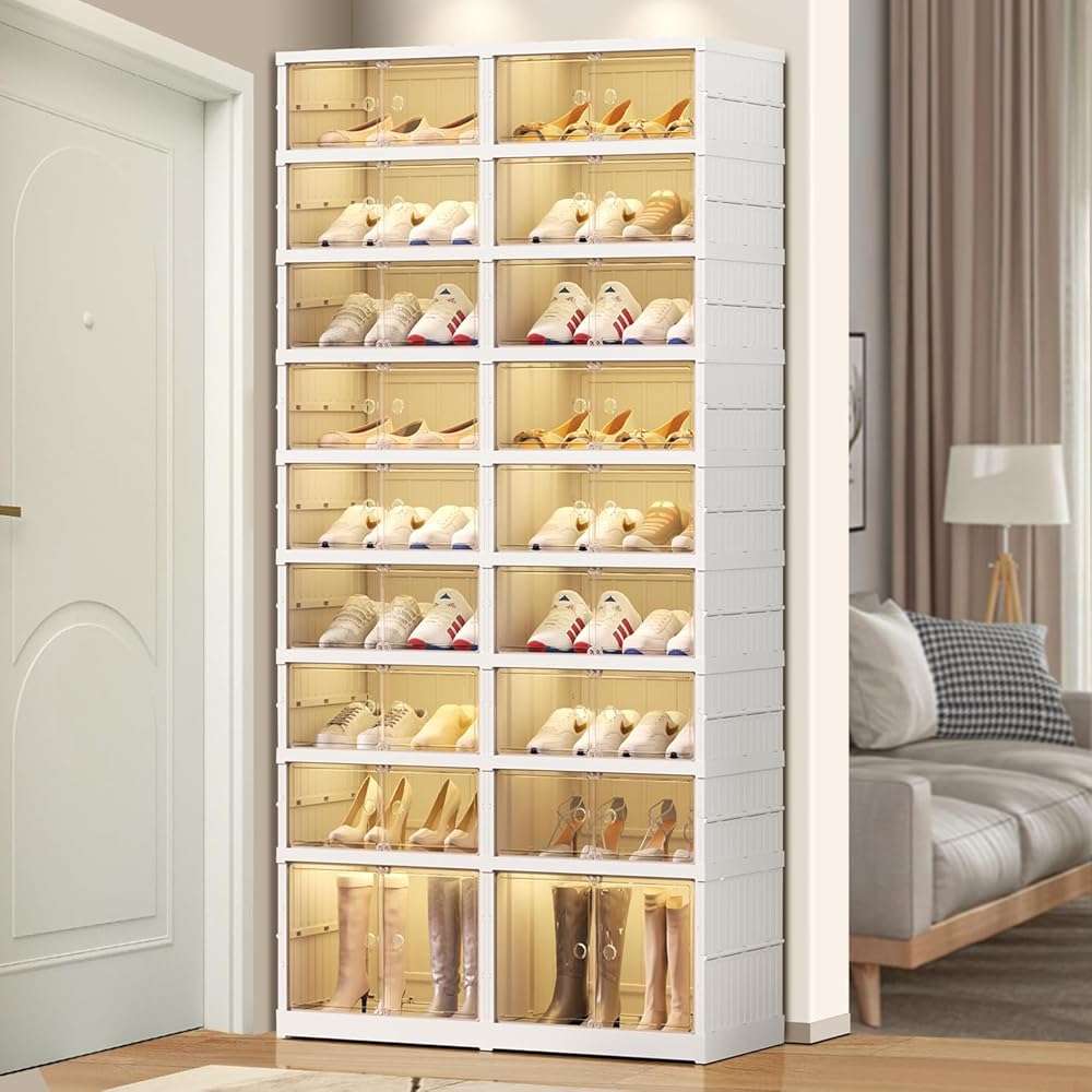 EHAMILY Foldable 9-Tier Shoe Rack Organizer for 18-36 Pairs - Collapsible Clear Plastic Shelf for Closet, Entrance or Front Door - Tall Stackable Folding Shoes Storage Boxes cabinet - Image 2