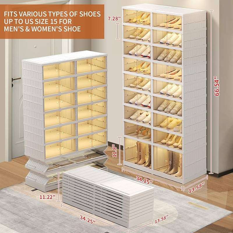 EHAMILY Foldable 9-Tier Shoe Rack Organizer for 18-36 Pairs - Collapsible Clear Plastic Shelf for Closet, Entrance or Front Door - Tall Stackable Folding Shoes Storage Boxes cabinet - Image 3