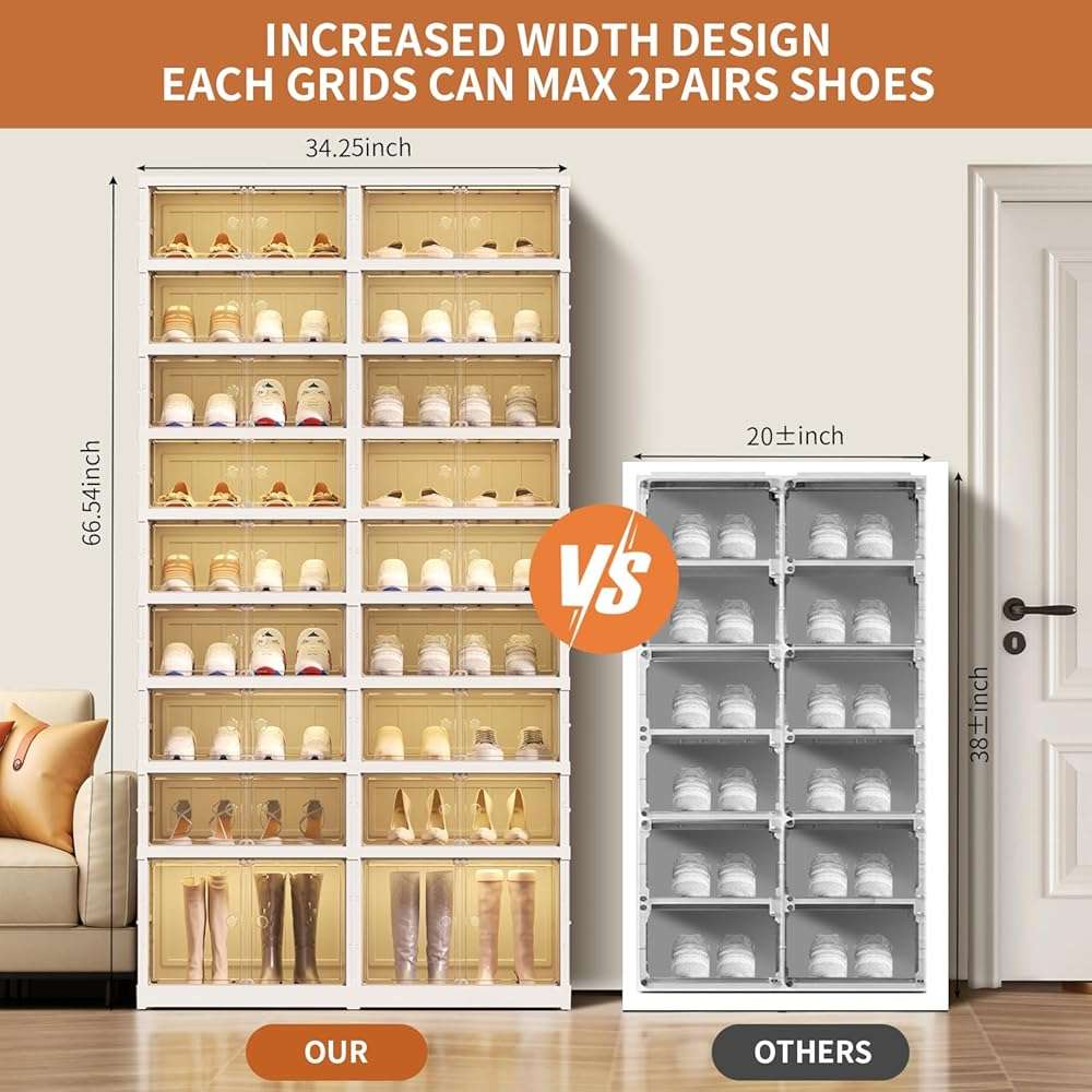 EHAMILY Foldable 9-Tier Shoe Rack Organizer for 18-36 Pairs - Collapsible Clear Plastic Shelf for Closet, Entrance or Front Door - Tall Stackable Folding Shoes Storage Boxes cabinet - Image 4