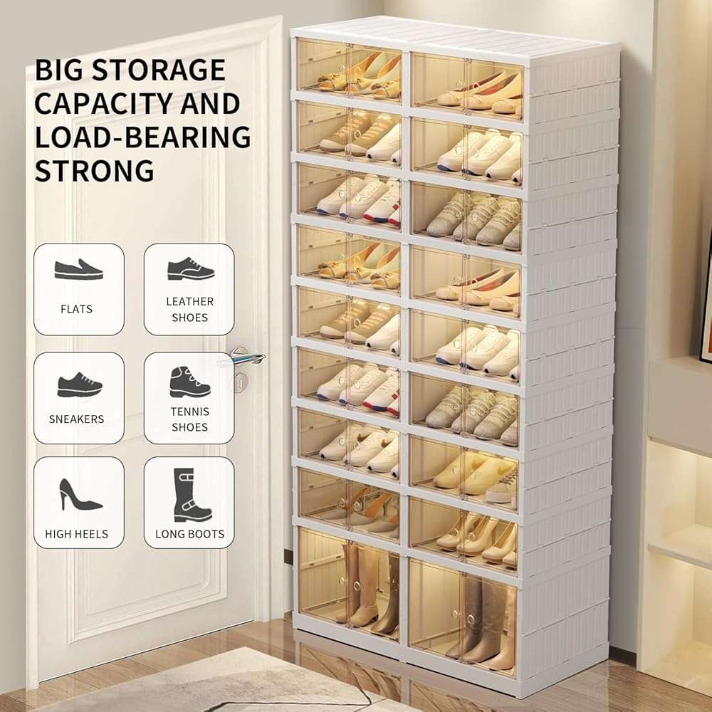 EHAMILY Foldable 9-Tier Shoe Rack Organizer for 18-36 Pairs - Collapsible Clear Plastic Shelf for Closet, Entrance or Front Door - Tall Stackable Folding Shoes Storage Boxes cabinet - Image 5