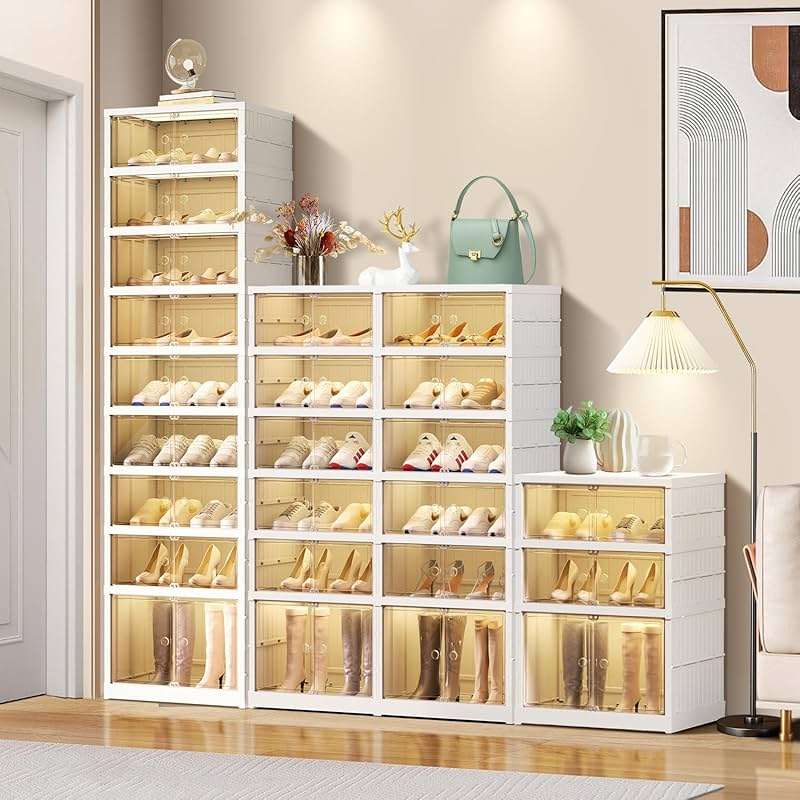 EHAMILY Foldable 9-Tier Shoe Rack Organizer for 18-36 Pairs - Collapsible Clear Plastic Shelf for Closet, Entrance or Front Door - Tall Stackable Folding Shoes Storage Boxes cabinet - Image 6