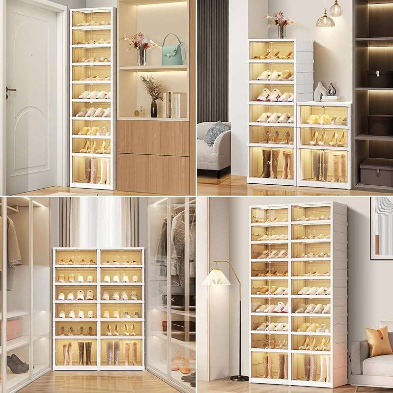 EHAMILY Foldable 9-Tier Shoe Rack Organizer for 18-36 Pairs - Collapsible Clear Plastic Shelf for Closet, Entrance or Front Door - Tall Stackable Folding Shoes Storage Boxes cabinet - Image 7