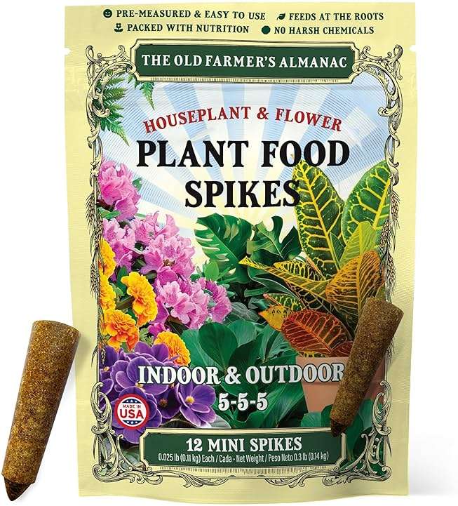 The Old Farmer's Almanac Houseplant & Flower Plant Food Mini Spikes - NPK 5-5-5 for Continuous Feeding and Vibrant Colors (12 Mini Spikes) - Image 1