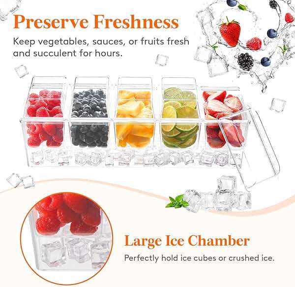 Lifewit Chilled Condiment Caddy with 5 x 20 oz Containers, Compact 15" Garnish Tray with Lids for Bartenders, Taco Bar Party Serving Set & Dirty Soda Bar Supplies, Ideal for Fruit, Salad, Toppings - Image 4