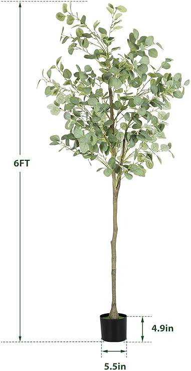 Fogein Artificial Eucalyptus Tree,6Ft Tall Fake Potted Tree Silk Faux Eucalyptus Tree with Plastic Nursery Pot, Artificial Plants for Home Office Indoor Decor - Image 3