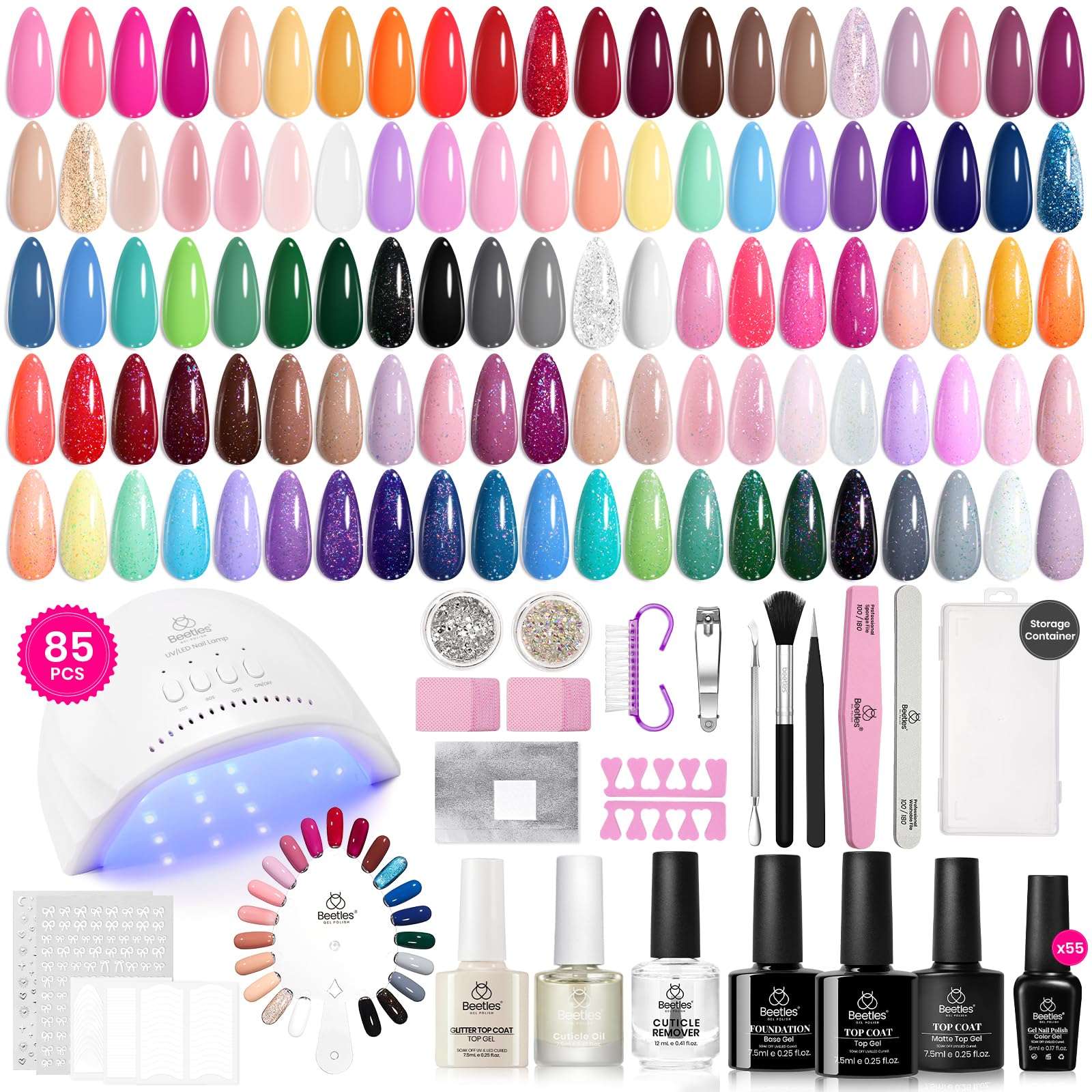 Beetles Gel Nail Polish Kit with U V Light 85Pcs, 55 Colors Seasonal Symphony Set with Diamond Decorations & Manicure Art Stickers and Tools Soak Off for All Season - Image 1