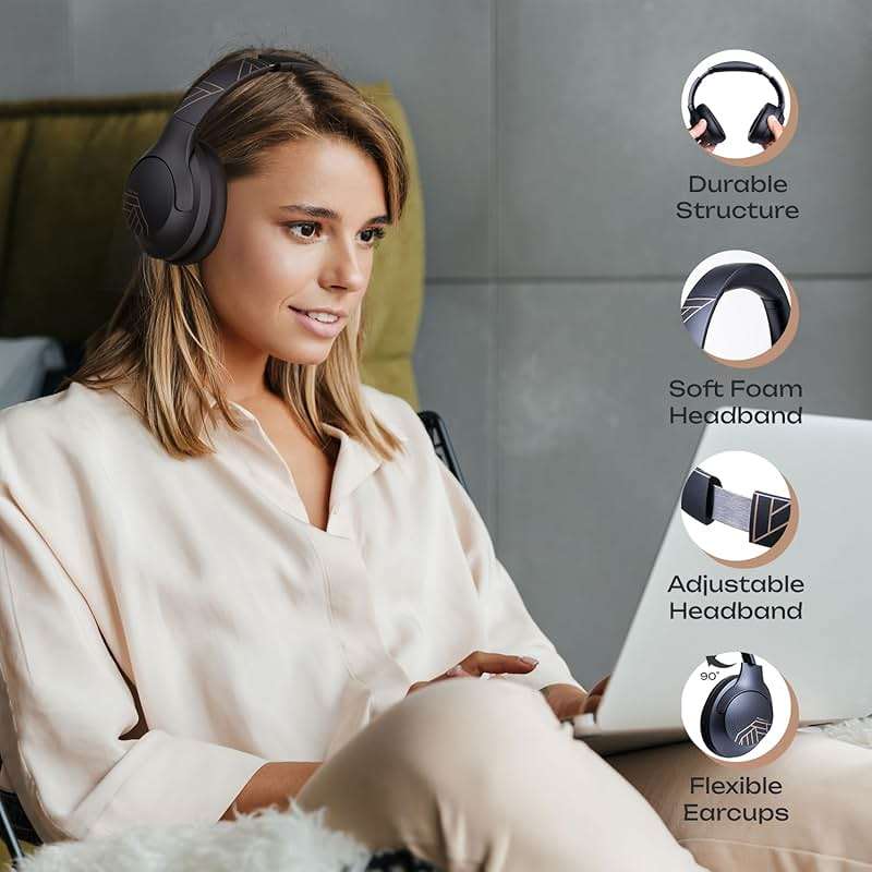 PowerLocus Bluetooth Headphones Over Ear, 50H Playtime with 4 EQ Modes Wireless Headphones with Microphone, HiFi Stereo Deep Bass, Soft Ear Cups, Foldable Lightweight Headset for Travel/Office/Workout - Image 3