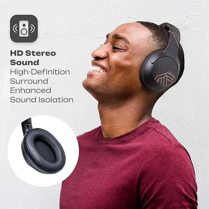 PowerLocus Bluetooth Headphones Over Ear, 50H Playtime with 4 EQ Modes Wireless Headphones with Microphone, HiFi Stereo Deep Bass, Soft Ear Cups, Foldable Lightweight Headset for Travel/Office/Workout - Image 6