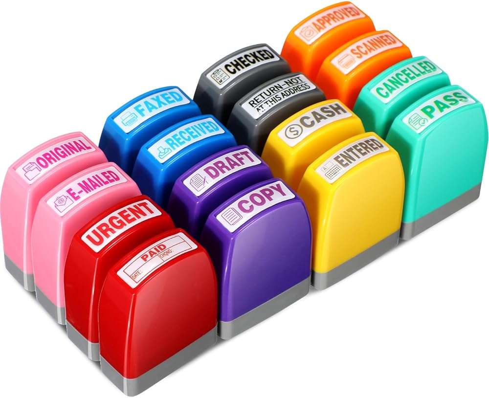 Yeaqee 16 Pcs Self Inking Rubber Stamp Set for Office Approved Paid Copy Faxed Scanned Message Account Business Stamps Paper Work Text Ink Stampers - Image 1