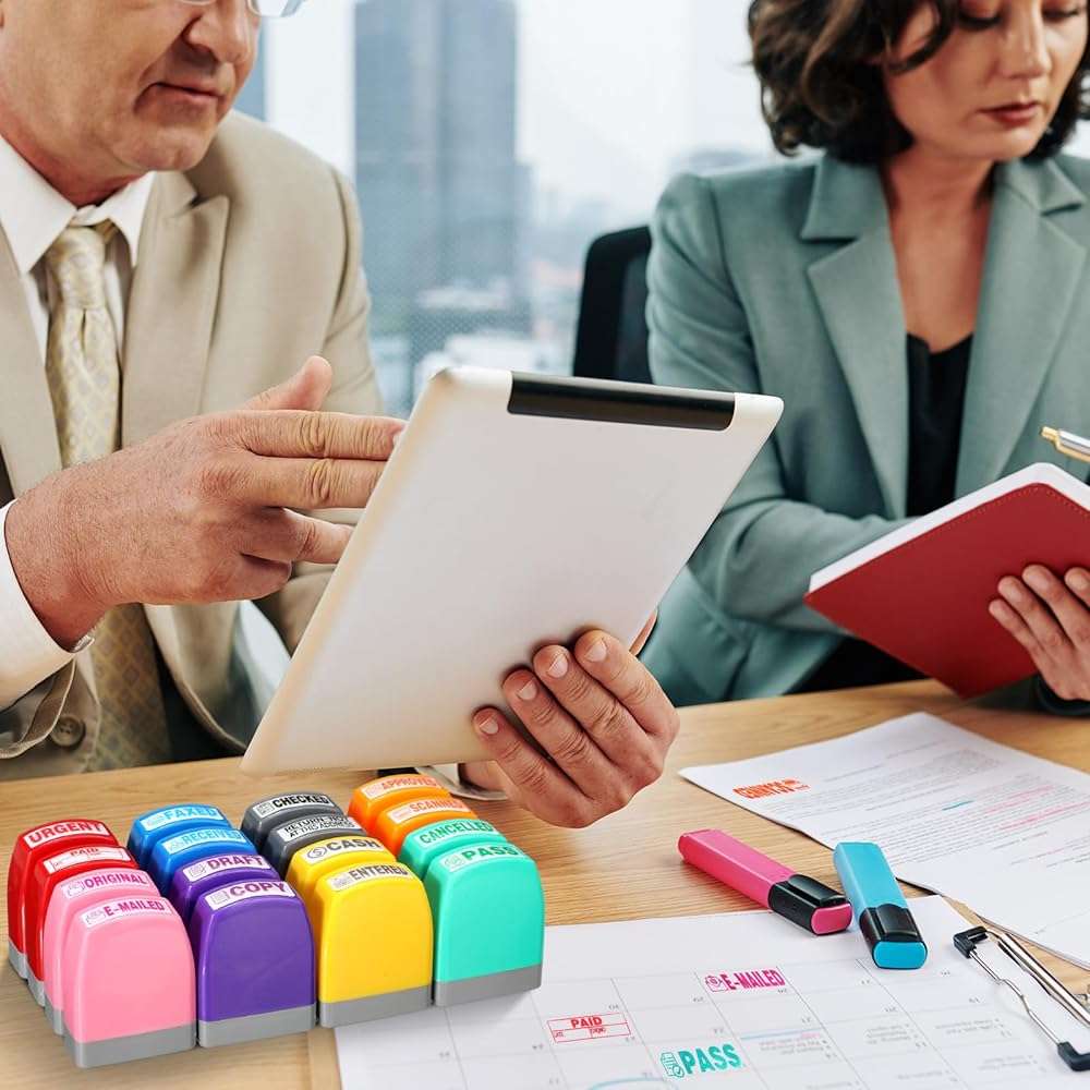 Yeaqee 16 Pcs Self Inking Rubber Stamp Set for Office Approved Paid Copy Faxed Scanned Message Account Business Stamps Paper Work Text Ink Stampers - Image 2