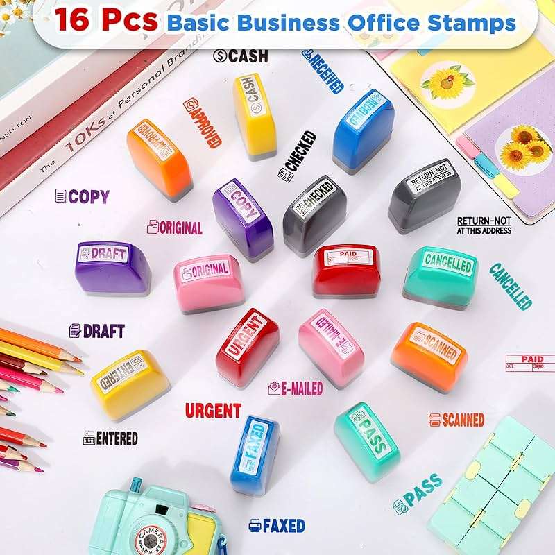 Yeaqee 16 Pcs Self Inking Rubber Stamp Set for Office Approved Paid Copy Faxed Scanned Message Account Business Stamps Paper Work Text Ink Stampers - Image 4