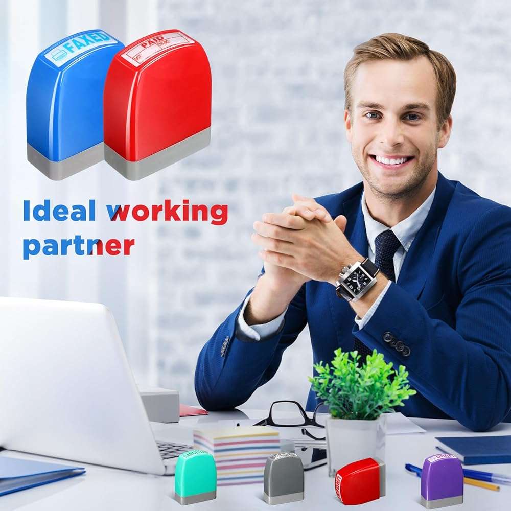 Yeaqee 16 Pcs Self Inking Rubber Stamp Set for Office Approved Paid Copy Faxed Scanned Message Account Business Stamps Paper Work Text Ink Stampers - Image 7