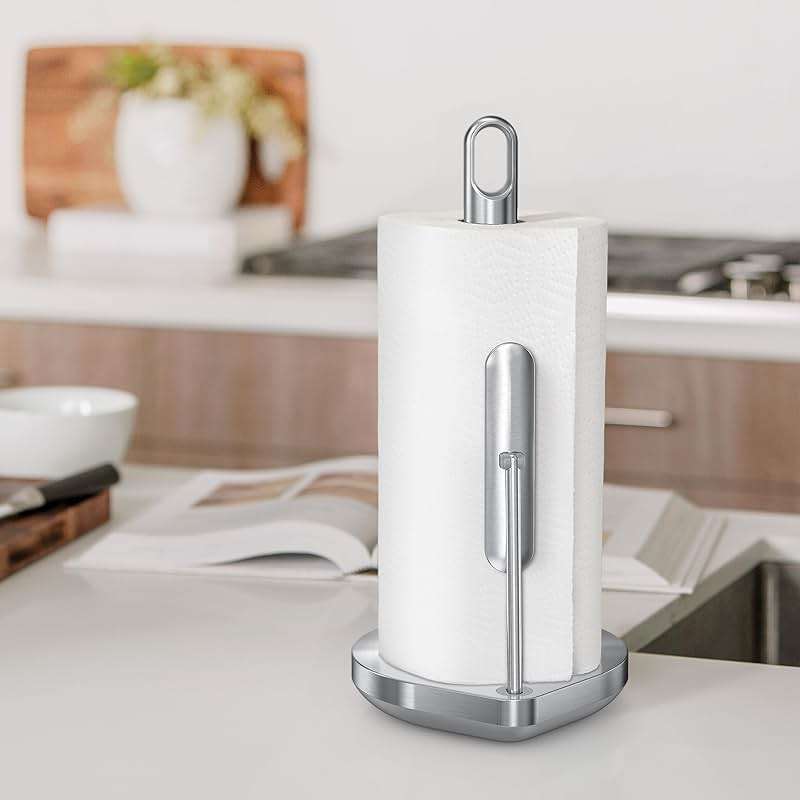 simplehuman Tension Arm Countertop Paper Towel Holder, Easy One-Handed Tear, Standing Weighted Base with Finger Loop, Heavy Duty, Brushed Stainless Steel - Image 2