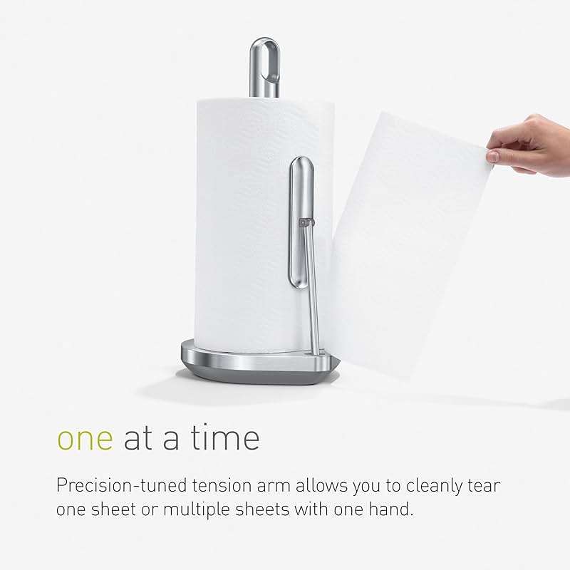 simplehuman Tension Arm Countertop Paper Towel Holder, Easy One-Handed Tear, Standing Weighted Base with Finger Loop, Heavy Duty, Brushed Stainless Steel - Image 4