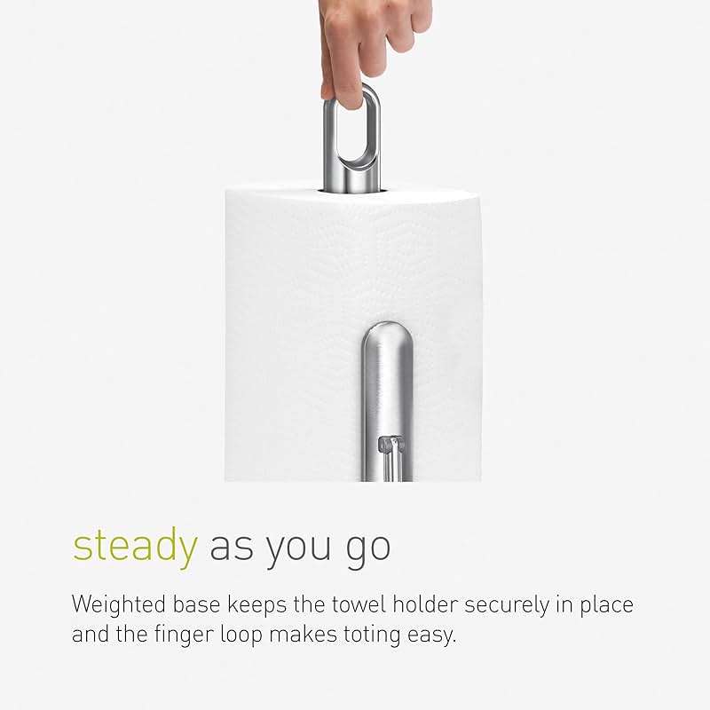 simplehuman Tension Arm Countertop Paper Towel Holder, Easy One-Handed Tear, Standing Weighted Base with Finger Loop, Heavy Duty, Brushed Stainless Steel - Image 5