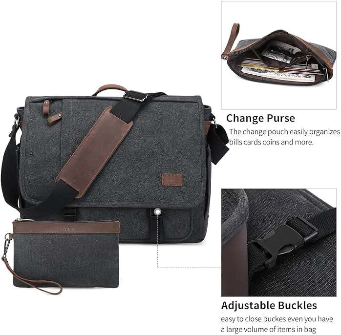 Nerlion Messenger Bag for Men 17-17.3 Inch Laptop Bag Canvas Water-resistant Computer Bag Shoulder Bag Work Briefcase Bookbag for College (Dark Gray) - Image 3
