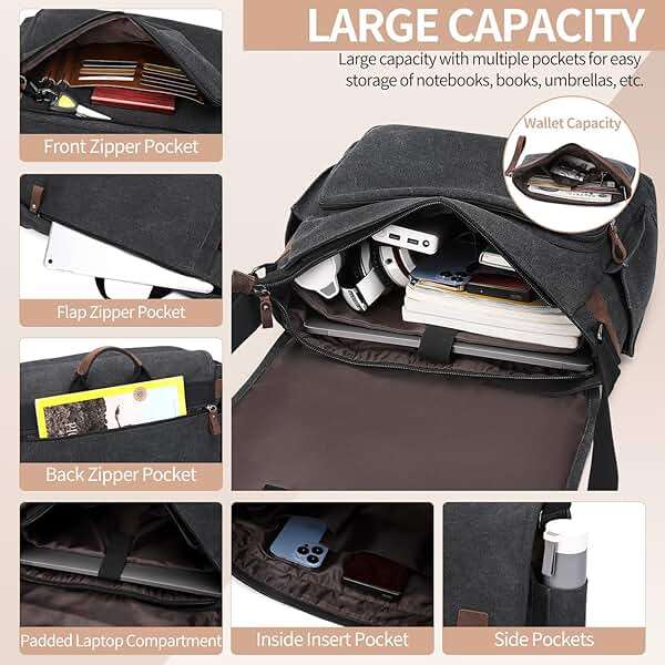 Nerlion Messenger Bag for Men 17-17.3 Inch Laptop Bag Canvas Water-resistant Computer Bag Shoulder Bag Work Briefcase Bookbag for College (Dark Gray) - Image 4