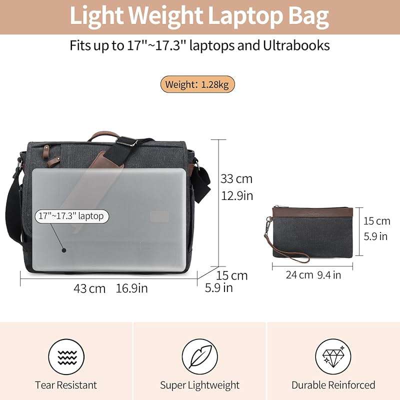 Nerlion Messenger Bag for Men 17-17.3 Inch Laptop Bag Canvas Water-resistant Computer Bag Shoulder Bag Work Briefcase Bookbag for College (Dark Gray) - Image 5