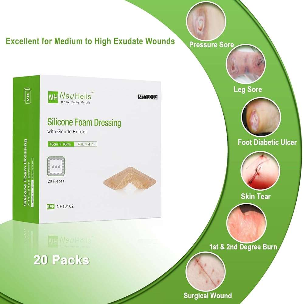 NeuHeils Silicone Foam Dressing with Gentle Border 4''x4'' for Bed Sore Leg Ulcer 20 Pack, High Absorbency Waterproof Silicone Wound Bandage - Image 2