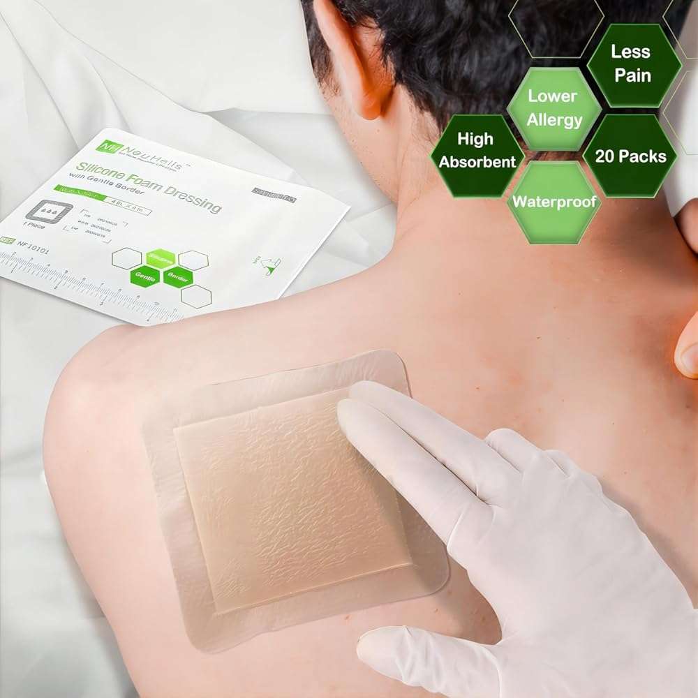 NeuHeils Silicone Foam Dressing with Gentle Border 4''x4'' for Bed Sore Leg Ulcer 20 Pack, High Absorbency Waterproof Silicone Wound Bandage - Image 3