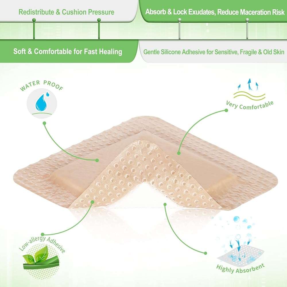 NeuHeils Silicone Foam Dressing with Gentle Border 4''x4'' for Bed Sore Leg Ulcer 20 Pack, High Absorbency Waterproof Silicone Wound Bandage - Image 5