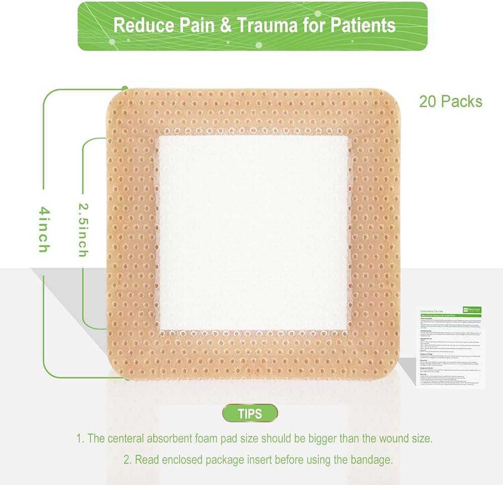 NeuHeils Silicone Foam Dressing with Gentle Border 4''x4'' for Bed Sore Leg Ulcer 20 Pack, High Absorbency Waterproof Silicone Wound Bandage - Image 6
