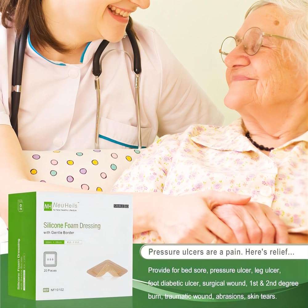 NeuHeils Silicone Foam Dressing with Gentle Border 4''x4'' for Bed Sore Leg Ulcer 20 Pack, High Absorbency Waterproof Silicone Wound Bandage - Image 7